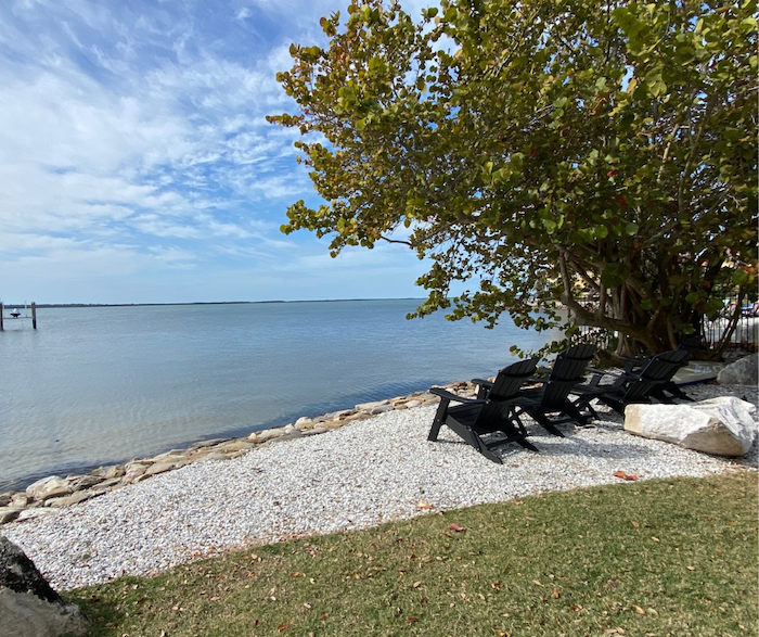 plants along ocean with seating area 