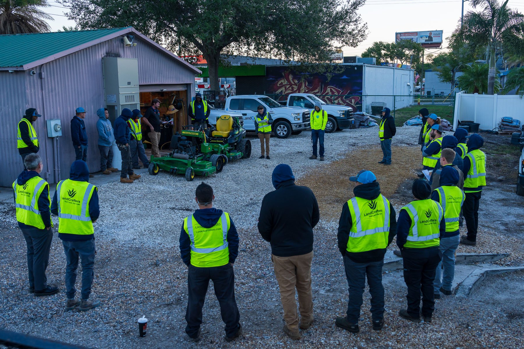 crew meeting in yard