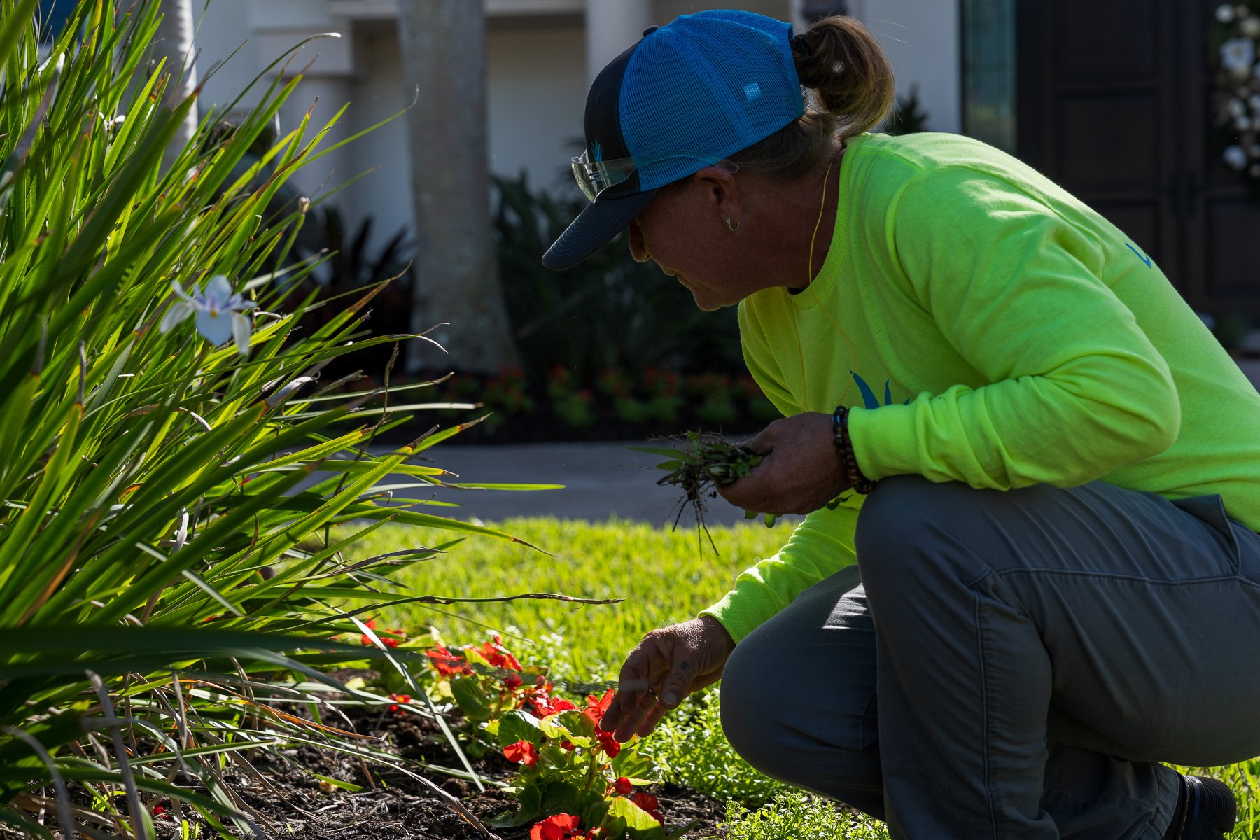 residential landscape maintenance crew member cleaning up garden bed 1